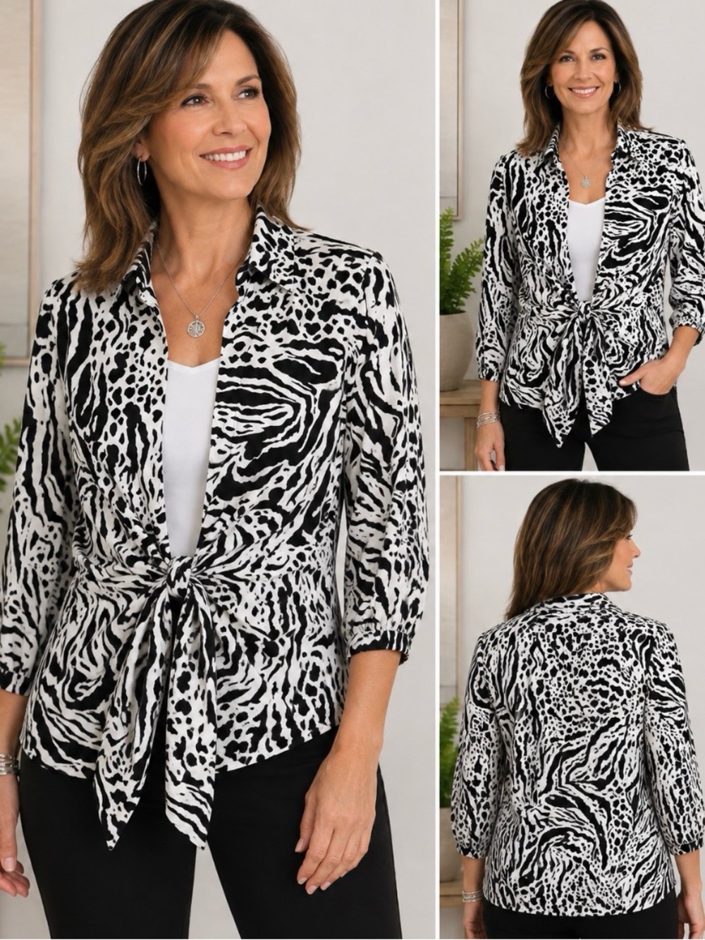 Mishca Animal Print Tie Front Open Tunic Blouse 3/4 Sleeve Women's PL